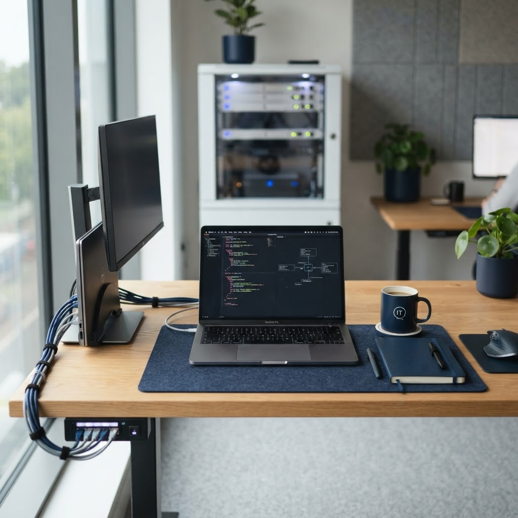 Organised desk setup with a laptop and network equipment used for IT consulting work